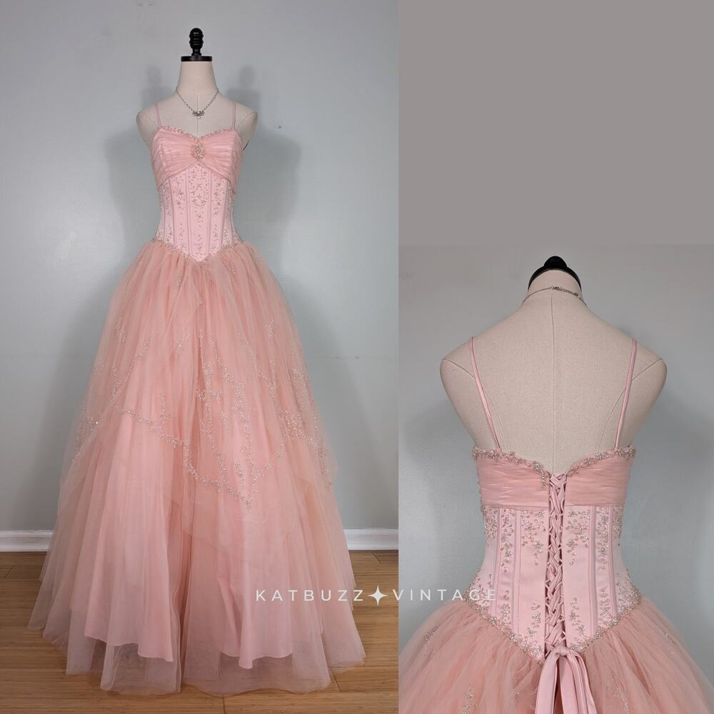 Strapless Prom Dress Maxi Ball Gown 4 Pink Ballerina Princess Corset Tulle Bead